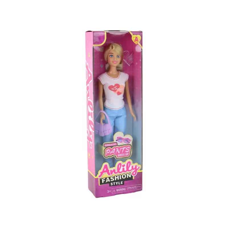 LEAN TOYS Anlily Kinderpuppe mit langen blonden Haaren, Handtasche, Brille, weißer Bluse