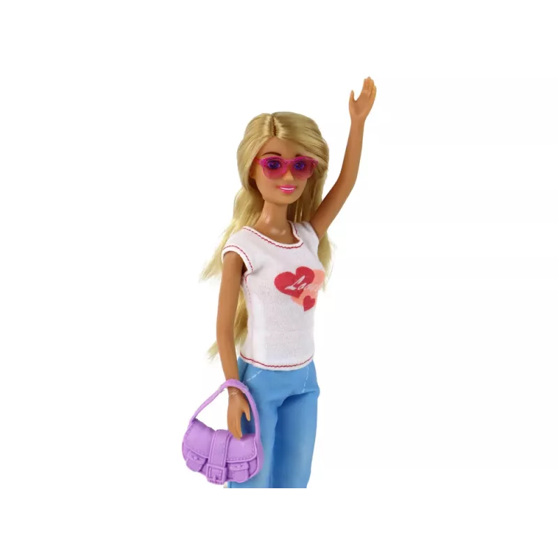 LEAN TOYS Anlily Kinderpuppe mit langen blonden Haaren, Handtasche, Brille, weißer Bluse