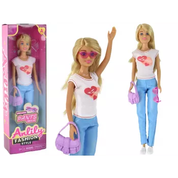 LEAN TOYS Anlily Kinderpuppe mit langen blonden Haaren, Handtasche, Brille, weißer Bluse