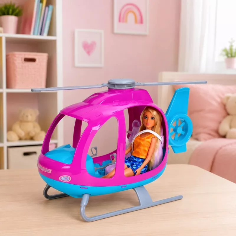 LEAN TOYS Anlily Puppen-Set mit großem Helikopter, beweglichen Rotoren und Modepuppe – Lila