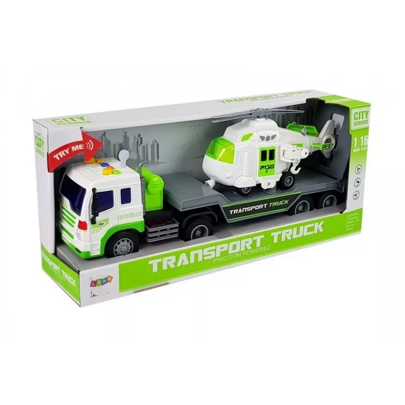 LEAN TOYS Auto Transporter auf Batterien 1:16 mit Helikopter
