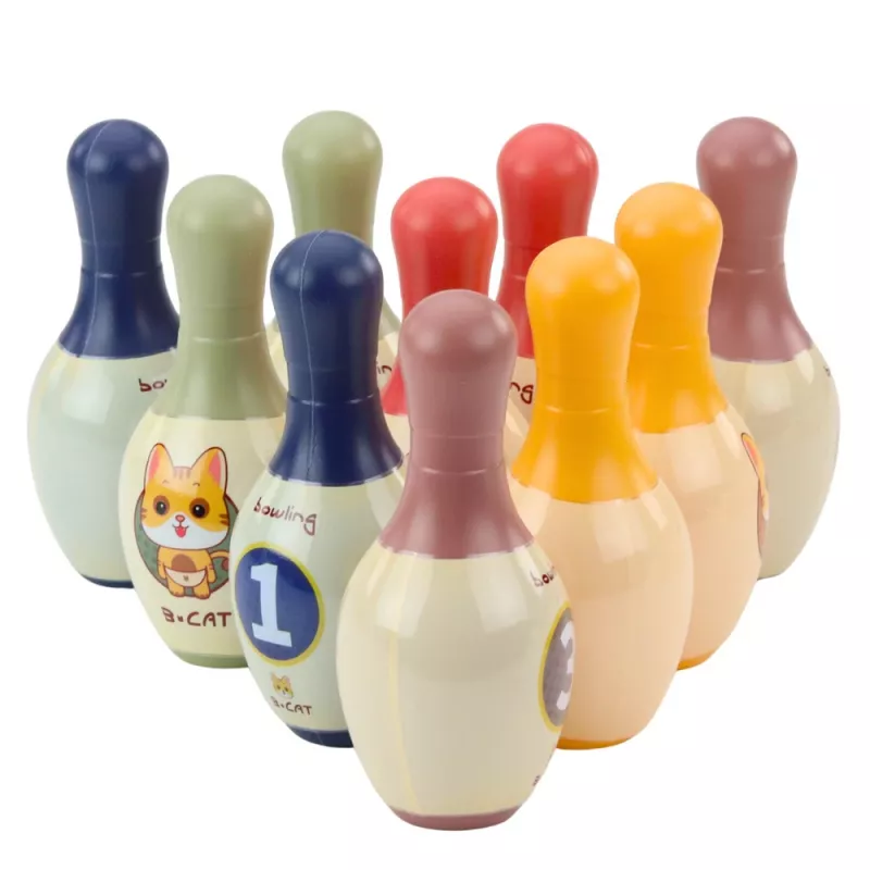 LEAN TOYS Bowling Set mit Katzen für Kinder, 10 Bowling-Pins, 2 bunte Bälle