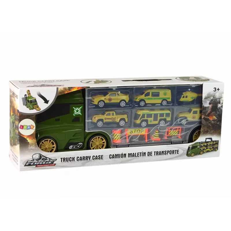LEAN TOYS Abschleppwagen mit Federantrieb und Koffer für grüne Autos