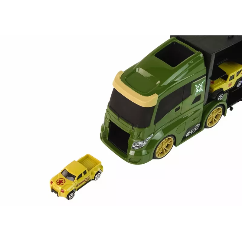 LEAN TOYS Abschleppwagen mit Federantrieb und Koffer für grüne Autos
