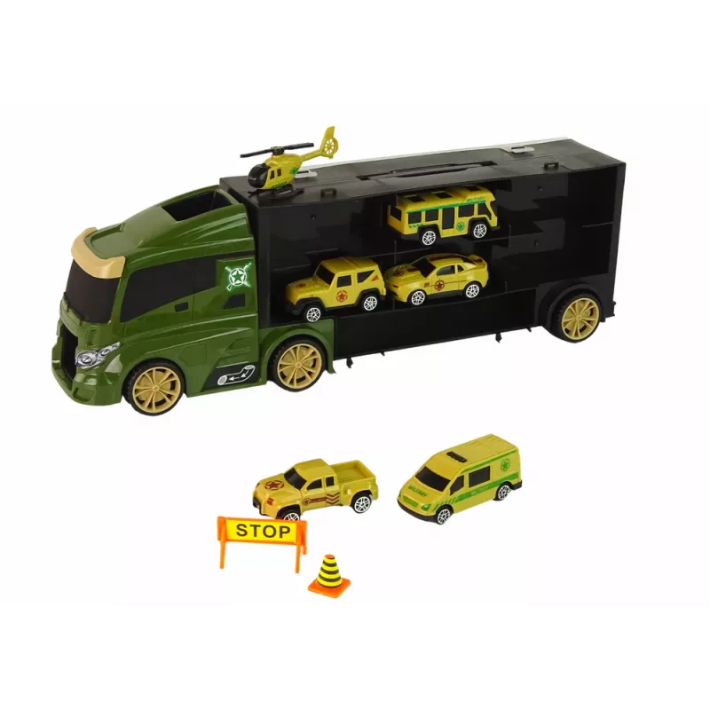 LEAN TOYS Abschleppwagen mit Federantrieb und Koffer für grüne Autos
