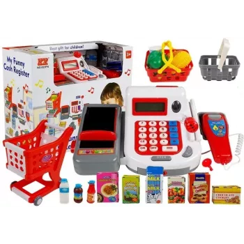 LEAN TOYS Registrierkasse mit Einkaufswagen, Körben & Zubehör | 35-teiliges Rollenspiel-Set mit funktionierendem Taschenrechner, beleuchtetem Scanner, Mikrofon, Einkaufswagen und Korb | Für Kinder ab 3 Jahren