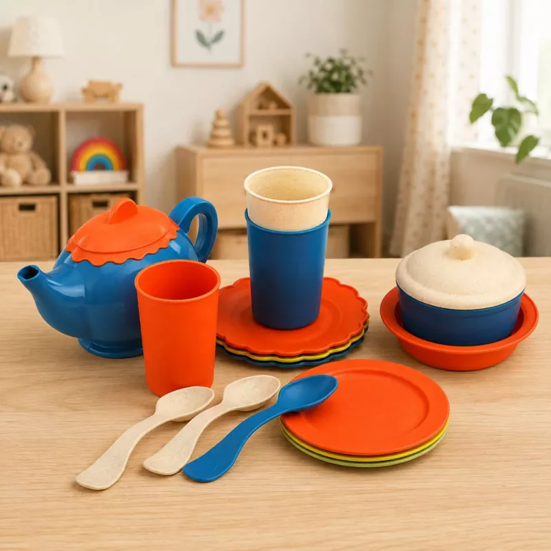 LEAN TOYS Kinder-Bambusfaser-Geschirrset, Blau und Orange, 15-teilig