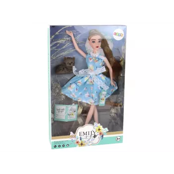 LEAN TOYS Kinderpuppe Emily Spring mit langen Haaren, blauem Kleid und Kätzchen