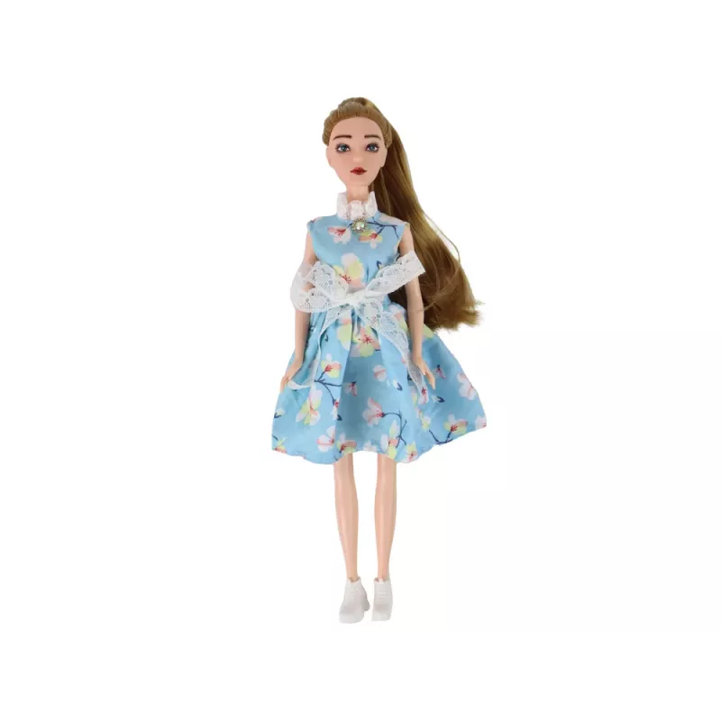 LEAN TOYS Kinderpuppe Emily Spring mit langen Haaren, blauem Kleid und Kätzchen