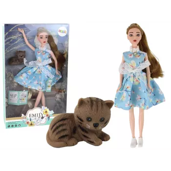 LEAN TOYS Kinderpuppe Emily Spring mit langen Haaren, blauem Kleid und Kätzchen