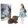 LEAN TOYS Kinderpuppe Emily Spring mit langen Haaren, blauem Kleid und Kätzchen