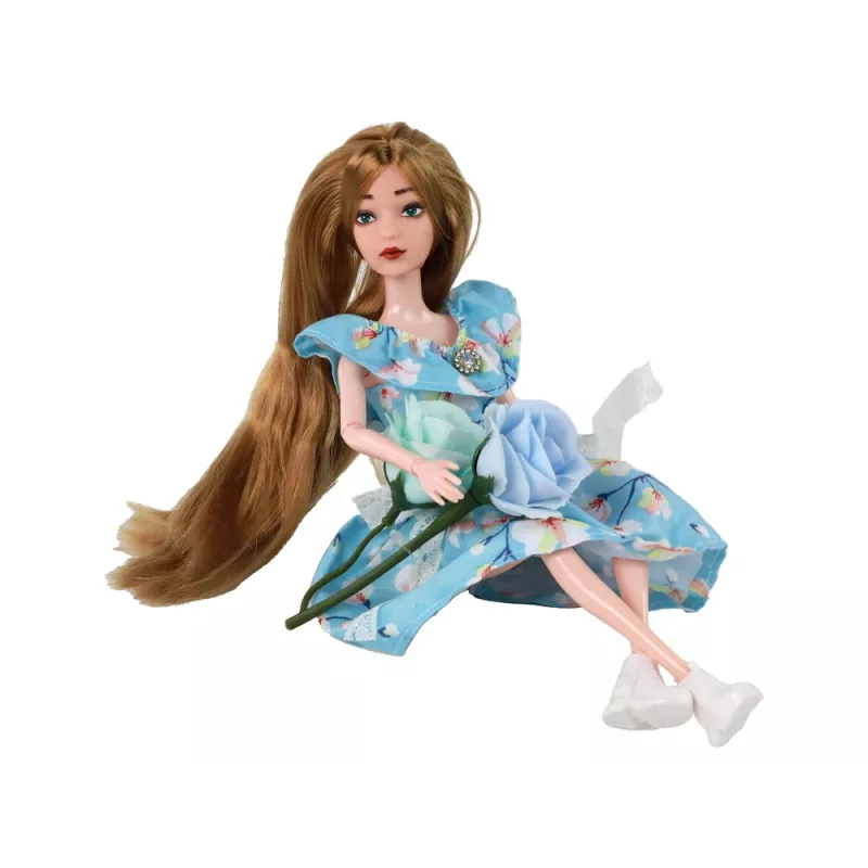 LEAN TOYS Kinderpuppe Emily Spring mit langen Haaren und blauem Blumenkleid