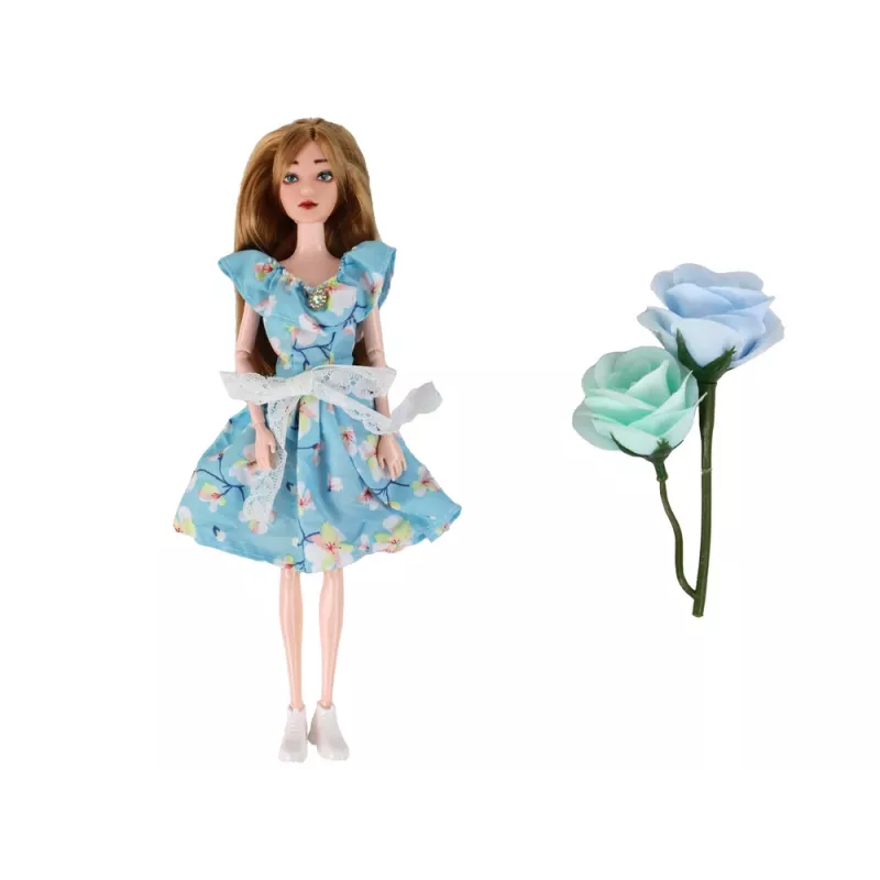 LEAN TOYS Kinderpuppe Emily Spring mit langen Haaren und blauem Blumenkleid