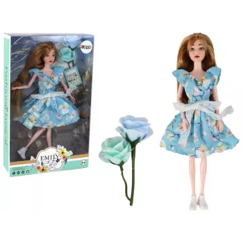 LEAN TOYS Kinderpuppe Emily Spring mit langen Haaren und blauem Blumenkleid