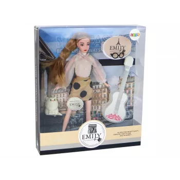 LEAN TOYS Kinderpuppe Emily mit Gitarre, Brille, langen blonden Haaren und Kätzchen