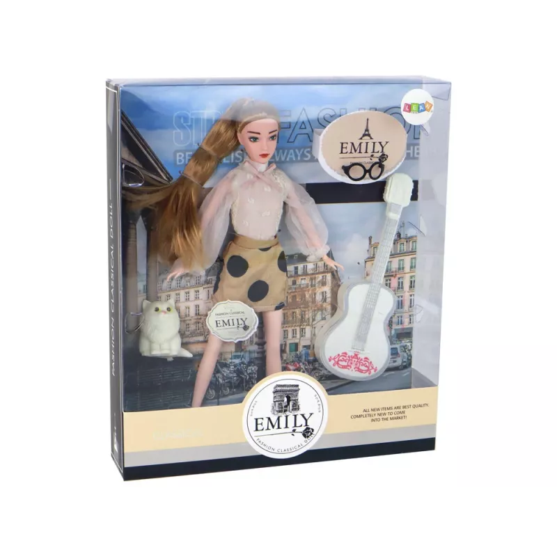 LEAN TOYS Kinderpuppe Emily mit Gitarre, Brille, langen blonden Haaren und Kätzchen
