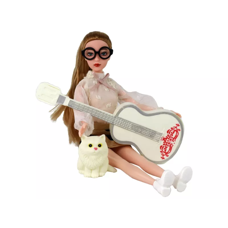 LEAN TOYS Kinderpuppe Emily mit Gitarre, Brille, langen blonden Haaren und Kätzchen