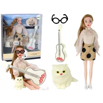 LEAN TOYS Kinderpuppe Emily mit Gitarre, Brille, langen blonden Haaren und Kätzchen