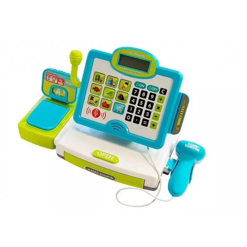 LEAN TOYS Kinder Elektronische Registrierkasse mit Korb - Blau, funktionierender Taschenrechner, Licht & Sound, 25 Zubehörteile, ab 3 Jahren