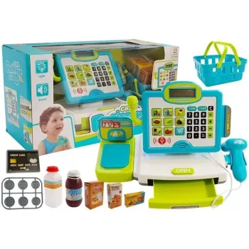 LEAN TOYS Kinder Elektronische Registrierkasse mit Korb - Blau, funktionierender Taschenrechner, Licht & Sound, 25 Zubehörteile, ab 3 Jahren
