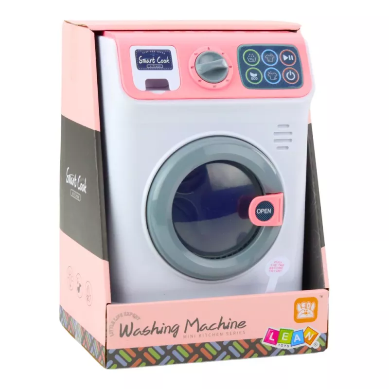 LEAN TOYS Kinder-Waschmaschine mit rotierender Trommel, Lichtern und Geräuschen, Weiß/Rosa
