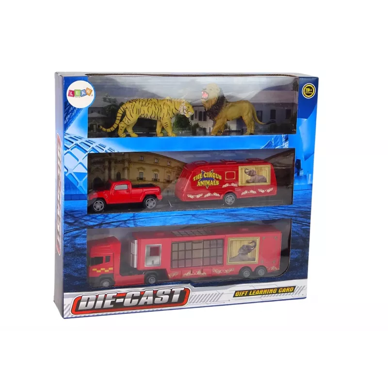 LEAN TOYS Circus Animals Fahrzeug-Set Der Zirkustiere LKW + Auto mit Anhänger