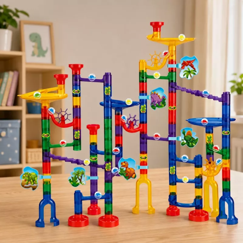 LEAN TOYS Baukasten Kugelbahn Tunnel Bunte Dinosaurier 192 Teile