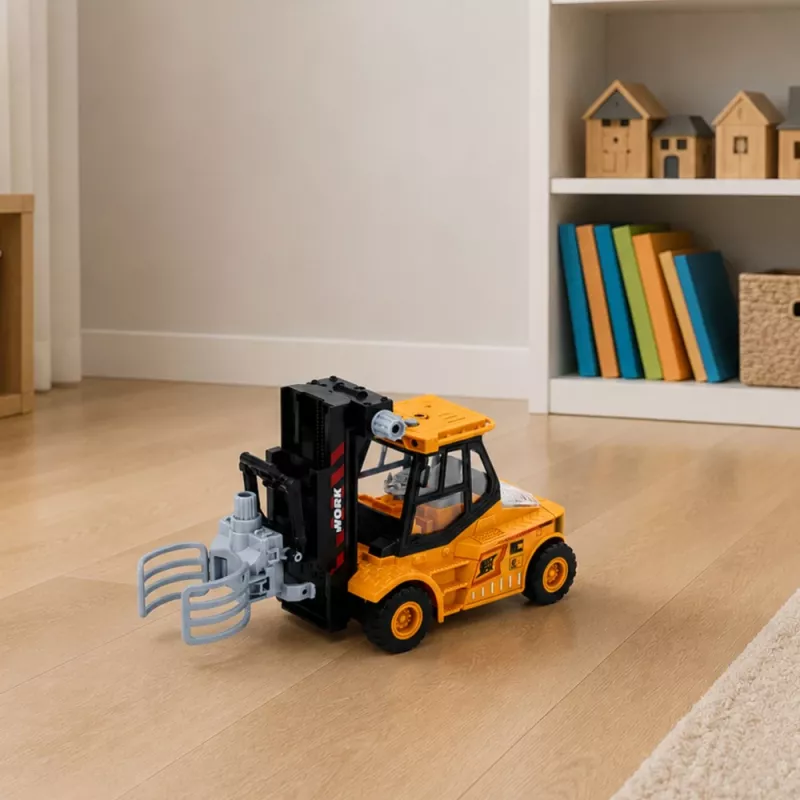 LEAN TOYS Baustellenfahrzeug Gabelstapler mit verstellbarem Greifer, Lichtern und Geräuschen, Gelb, 1:43