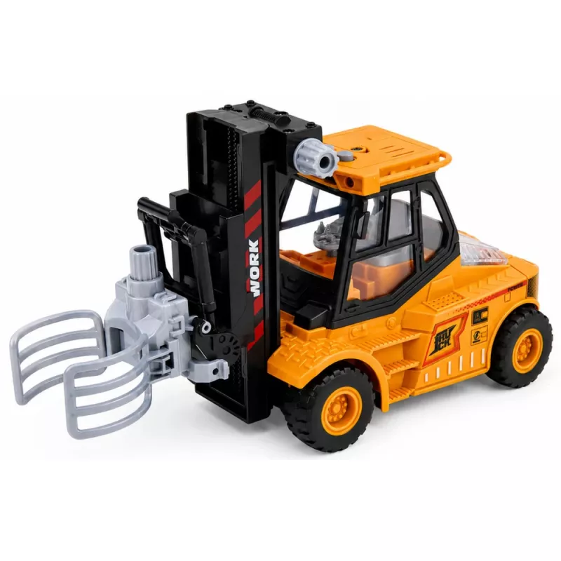 LEAN TOYS Baustellenfahrzeug Gabelstapler mit verstellbarem Greifer, Lichtern und Geräuschen, Gelb, 1:43