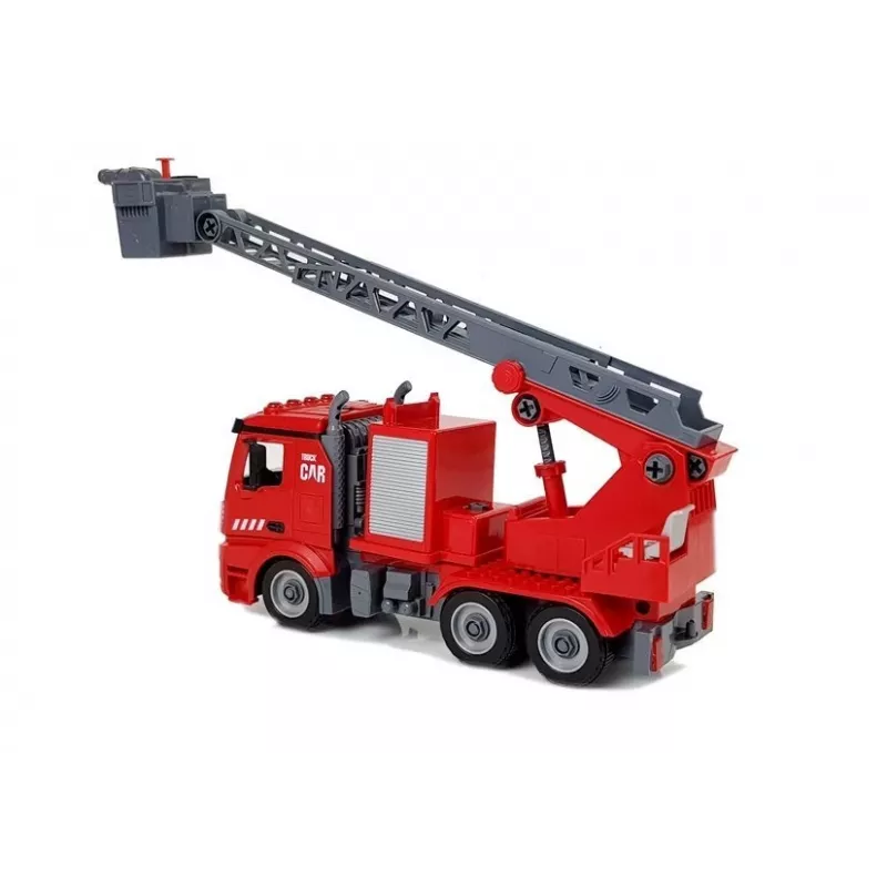 LEAN TOYS DIY Feuerwehrauto 2in1 Bausatz mit abnehmbarer Leiter, Schraubendreher, Sound- und Lichteffekten, Helm