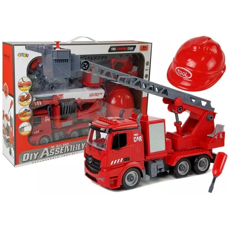 LEAN TOYS DIY Feuerwehrauto 2in1 Bausatz mit abnehmbarer Leiter, Schraubendreher, Sound- und Lichteffekten, Helm