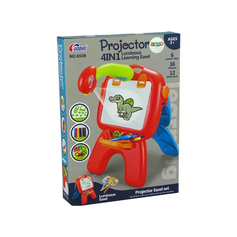 LEAN TOYS Doppelseitige Tafel mit Kreidestiften, Ständer und Projektor für Bilder, Rot
