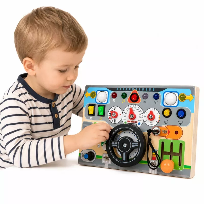 LEAN TOYS Pädagogisches Manipulationsbrett Simulator Lenkrad Lichter Geräusche