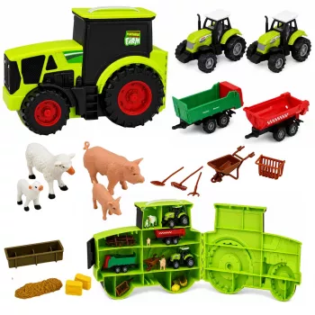 LEAN TOYS Bauernhof-Set mit Traktor, landwirtschaftlichen Fahrzeugen, Tieren und Zubehör – 28-teiliges Spielset