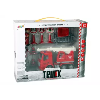 LEAN TOYS Feuerwehr-Set mit Kran, Verkehrsschildern und Feuerwehrmann