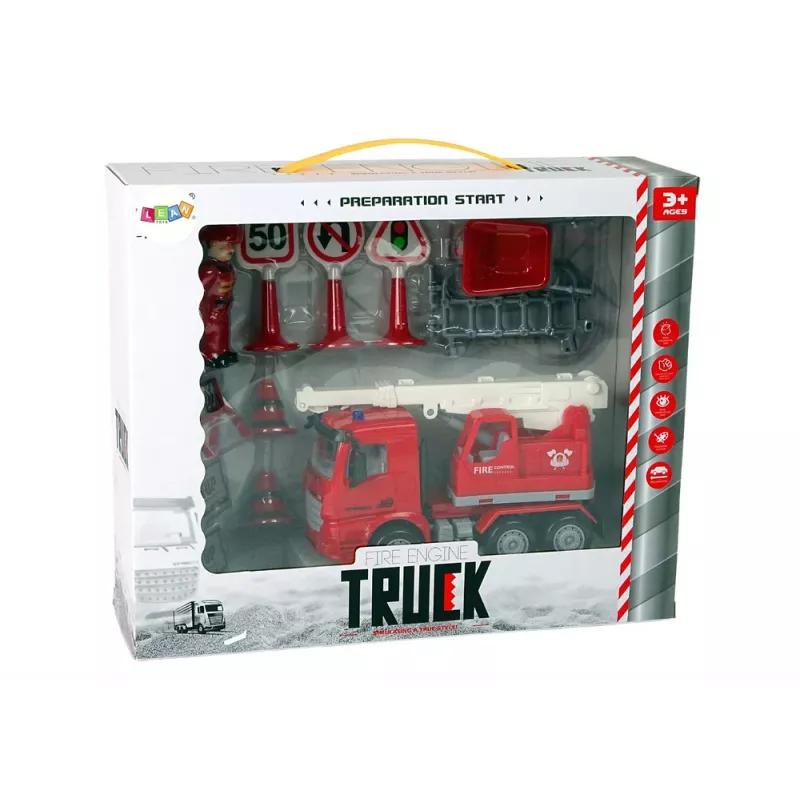LEAN TOYS Feuerwehr-Set mit Kran, Verkehrsschildern und Feuerwehrmann