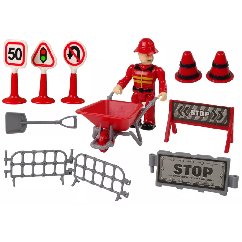 LEAN TOYS Feuerwehr-Set mit Kran, Verkehrsschildern und Feuerwehrmann