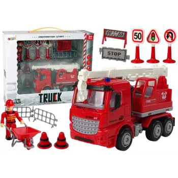 LEAN TOYS Feuerwehr-Set mit Kran, Verkehrsschildern und Feuerwehrmann