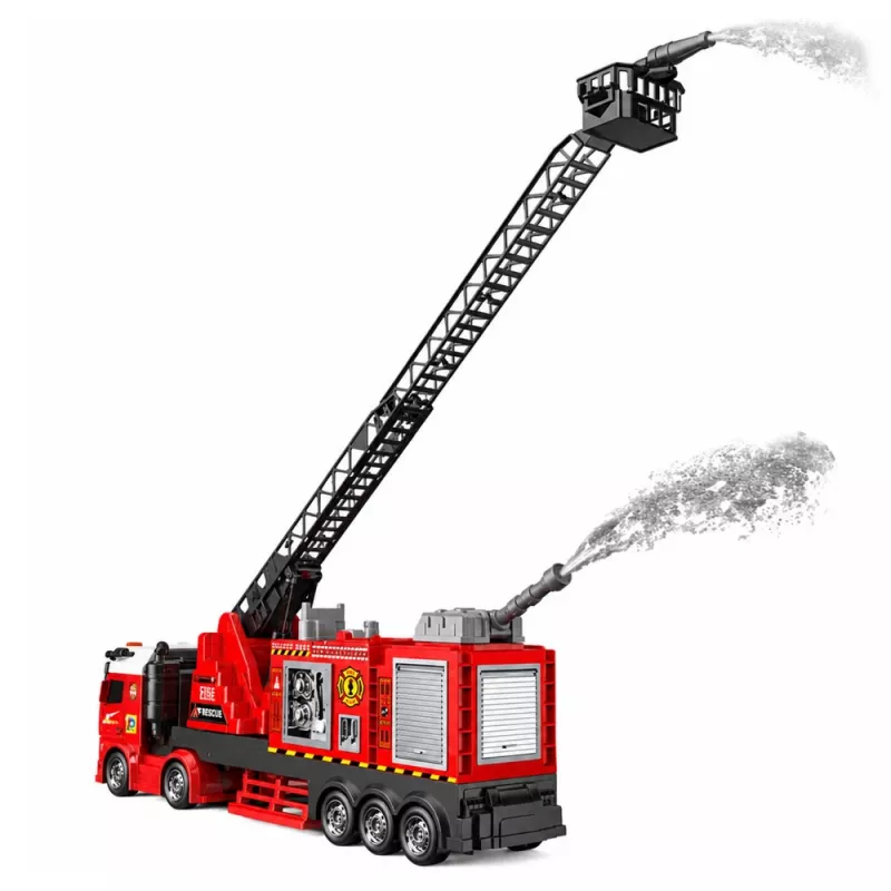 LEAN TOYS Feuerwehrauto mit ausziehbarer Leiter bis 69 cm, Licht, Sound und Wasserkanone