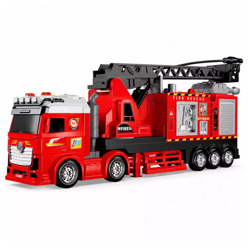 LEAN TOYS Feuerwehrauto mit ausziehbarer Leiter bis 69 cm, Licht, Sound und Wasserkanone