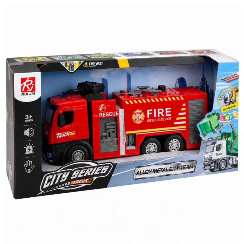 LEAN TOYS Feuerwehrauto mit Wasserfunktion, Metallkabine, Lichtern, Geräuschen 1:12