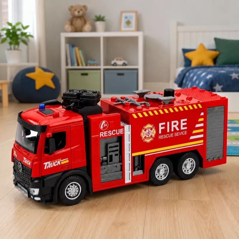 LEAN TOYS Feuerwehrauto mit Wasserfunktion, Metallkabine, Lichtern, Geräuschen 1:12