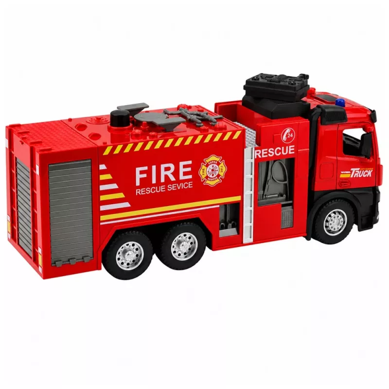 LEAN TOYS Feuerwehrauto mit Wasserfunktion, Metallkabine, Lichtern, Geräuschen 1:12