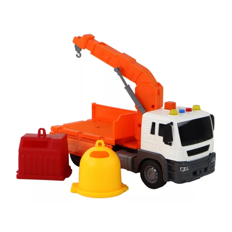 LEAN TOYS Müllwagen mit Kran Friktionsantrieb Orange 1:16