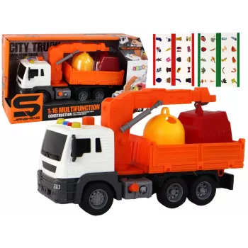 LEAN TOYS Müllwagen mit Kran Friktionsantrieb Orange 1:16