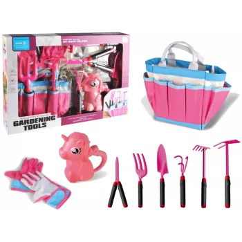 LEAN TOYS Garten-Set Tasche Werkzeuge Handschuhe Rechen Pink Einhorn