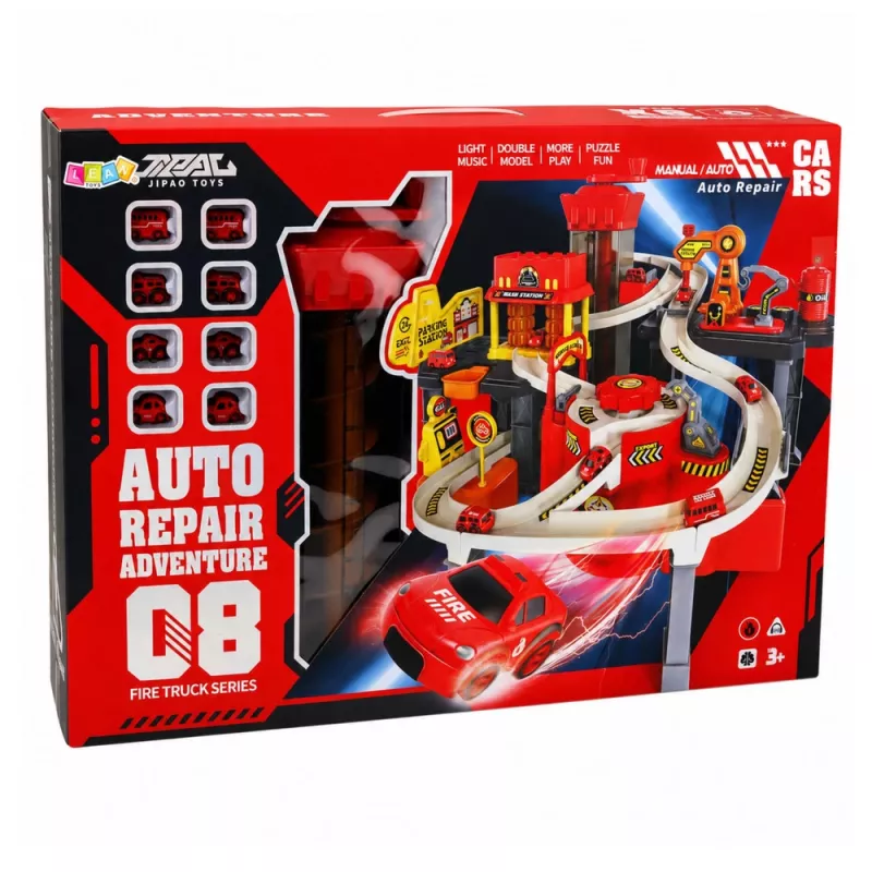 LEAN TOYS Interaktives Parkhaus mit Waschanlage und Werkstatt – Feuerwehr Spielset mit 8 Autos
