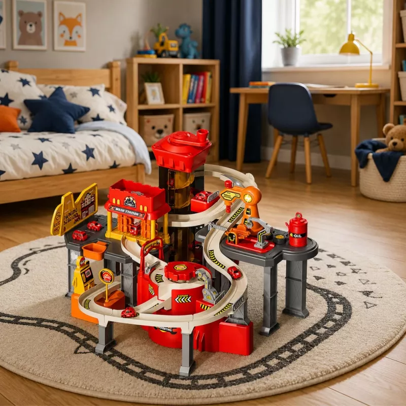LEAN TOYS Interaktives Parkhaus mit Waschanlage und Werkstatt – Feuerwehr Spielset mit 8 Autos