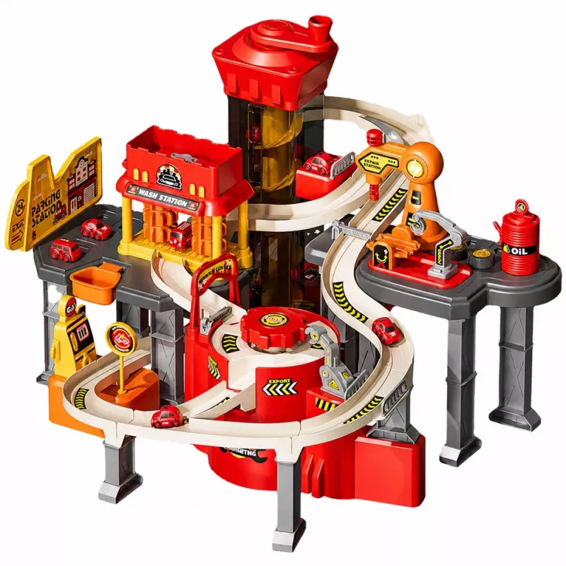 LEAN TOYS Interaktives Parkhaus mit Waschanlage und Werkstatt – Feuerwehr Spielset mit 8 Autos