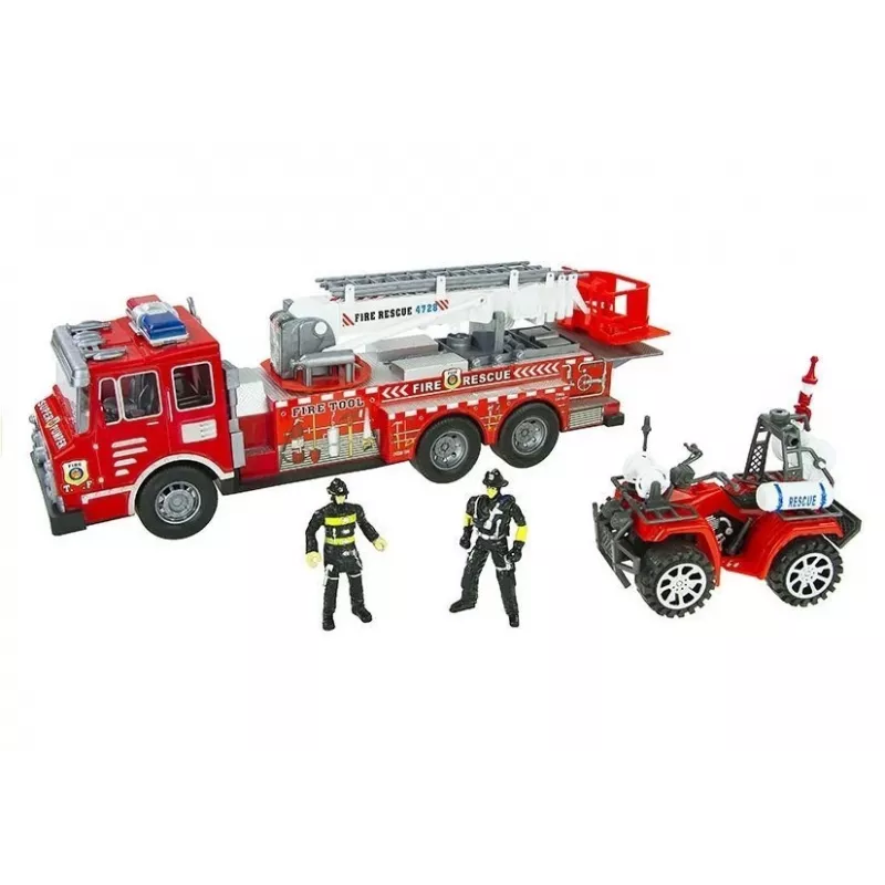LEAN TOYS Großes Feuerwehr-Set mit Feuerwehrauto, Figuren und Quad-Helm für Kinder